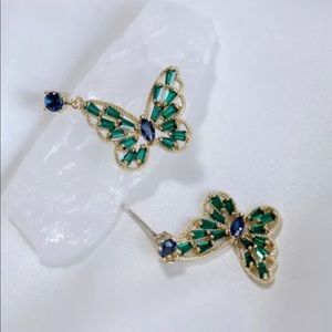 Women 18K Gold Plated Green Topaz Silver Butterfly Dangle Drop Earrings Studs